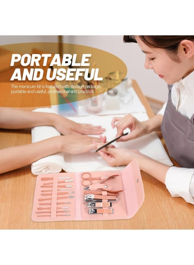 مجموعة العناية بالاظافر الاحترافية من 16 قطعة من الستانلس ستيل مع حافظة من جلد البولي يوريثين، ادوات احترافية متعددة الوظائف للرجال والنساء (بينك) - Image 4